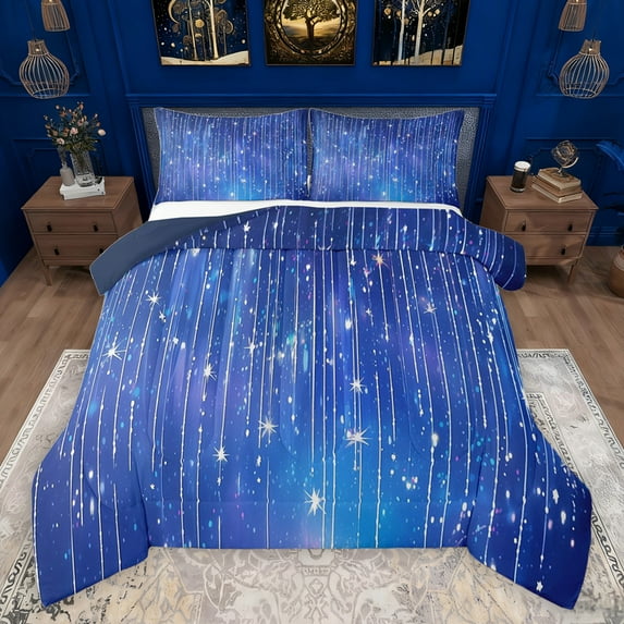 jejeloiu Glitter Print Striped Full Size Comforter Sets,Abstract Ombre Bedding Comforter Set,Blue Galaxy Starry Night Bedding Sets For Boys Kids,Breathable Home Decor Reversible,3 Pieces