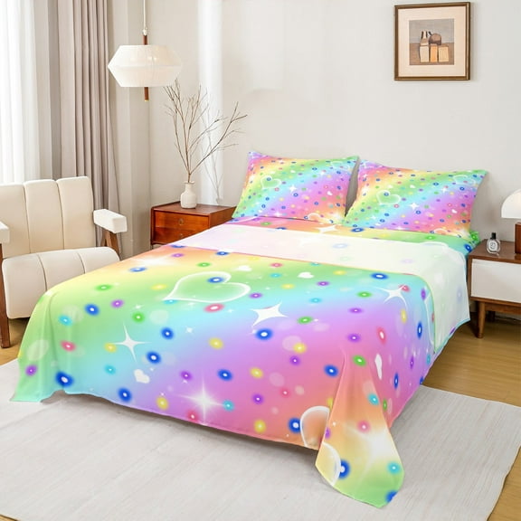 jejeloiu Glitter Rainbow Bed Sheets,Multicolor Galaxy King Sheets,Girls Colorful Stripes Sheet Set For Children,Lightweight Bedroom Decor,4 Pieces