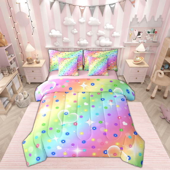 jejeloiu Glitter Rainbow Bedding Comforter Set,7pcs,Multicolor Galaxy Queen Bedding Sets,Girls Colorful Stripes Queen Sheet Sets For Children,Lightweight Bedroom Decor Reversible