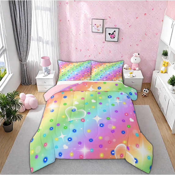 jejeloiu Glitter Rainbow Full Size Comforter Sets,Multicolor Galaxy Bedding Comforter Set,Girls Colorful Stripes Bedding Sets For Children,Lightweight Bedroom Decor Reversible,3pcs