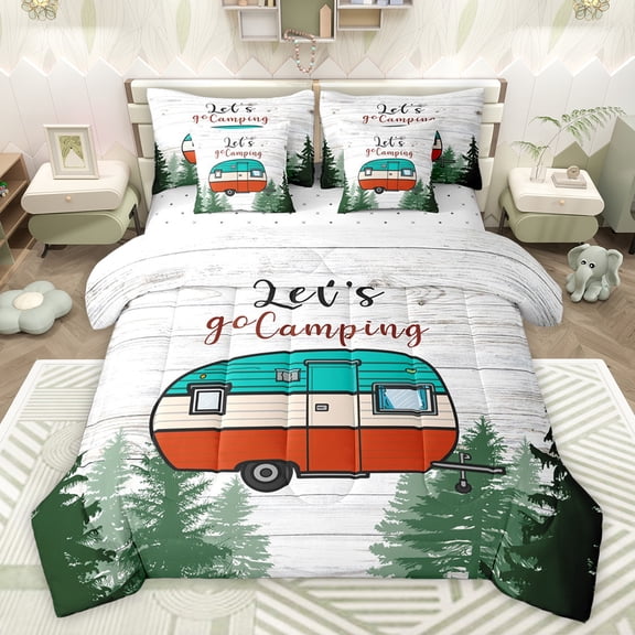 jejeloiu Let'S Go Camping 7-Piece Bedding Comforter Set,Cartoon Camper Car King Bedding Sets,Rustic Farmhouse Cabin Bed Sheets For Kids,Microfiber Bedroom Decor Reversible
