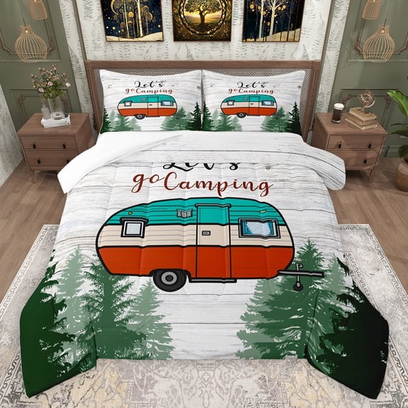 jejeloiu Let'S Go Camping Bedding Comforter Set,Cartoon Camper Car Twin Comforter Sets,Rustic Farmhouse Cabin Bedding Set For Kids,Microfiber Bedroom Decor,2pcs