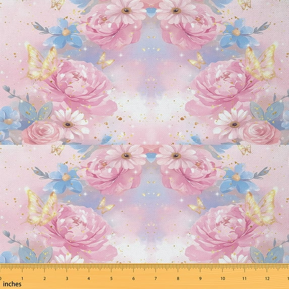 jejeloiu Gold Butterflies Fabric by the Yard 3 Yards,Pink Flower Floral Sewing Fabric,Romantic Theme Fabric for Sewing For Child,Super Cozy Room Decor