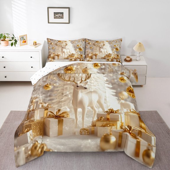 jejeloiu Gold Chic Gifts Bedding Comforter Set,Xtmas Theme Twin Comforter Sets,Christmas Reindeer Bedding Set For Teens,Microfiber Bedroom Decor Reversible,2pcs