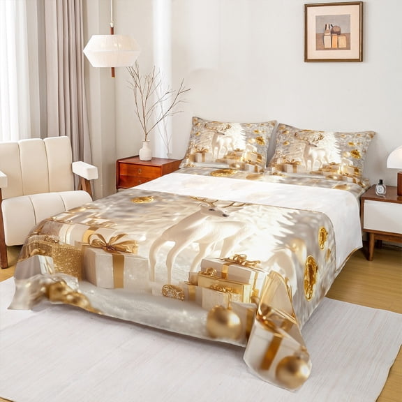 jejeloiu Gold Chic Twin Sheet Set,Xmas Reindeer,Microfiber Decor,3-Piece