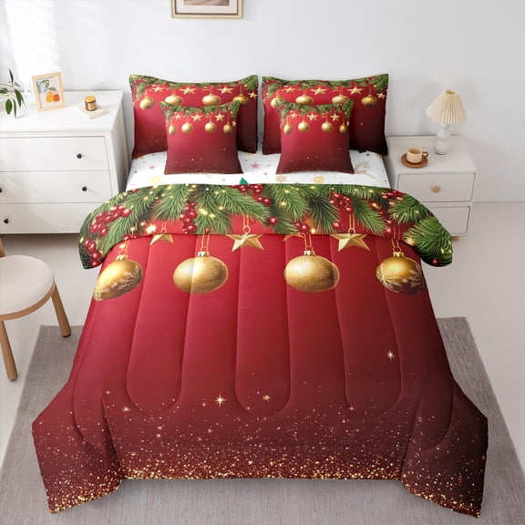 jejeloiu Gold Christmas Ball Bedding Comforter Set 7-Piece,Merry Xmas Theme King Bedding Sets,Sequin Print Bed Sheets For Girls Boys,Breathable Home Decor Reversible