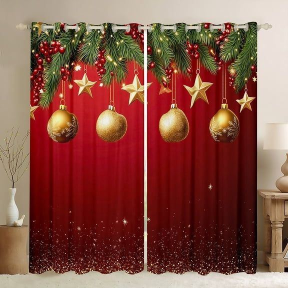 jejeloiu Gold Christmas Ball Black Out Curtains,Merry Xmas Theme Curtains Pack of 2 (42x63 Each),Sequin Print Bedroom Curtains For Girls Boys,Breathable Home Decor
