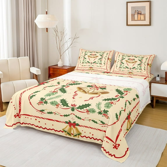 jejeloiu Gold Christmas Bell Twin Sheet Sets,Cute Bow Bowtie Twin Fitted Sheet,Red Xmas Berry Flat Sheet For Children,Super Cozy Room Decor,3-Piece
