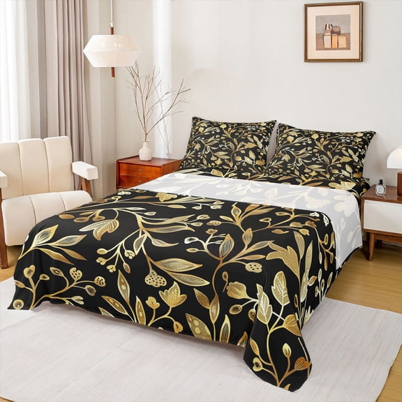 jejeloiu Gold Leaves Bed Sheets,Modern Aesthetic Design King Sheets For Adults 4 Pieces