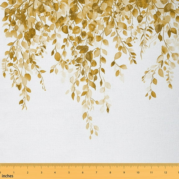 jejeloiu Gold Leaves Fabric by the Yard 2 Yards, Botanical Theme Room Decor Fabric by the Yard, Branches Plant Sewing Fabric, Girls Garden Room Decor