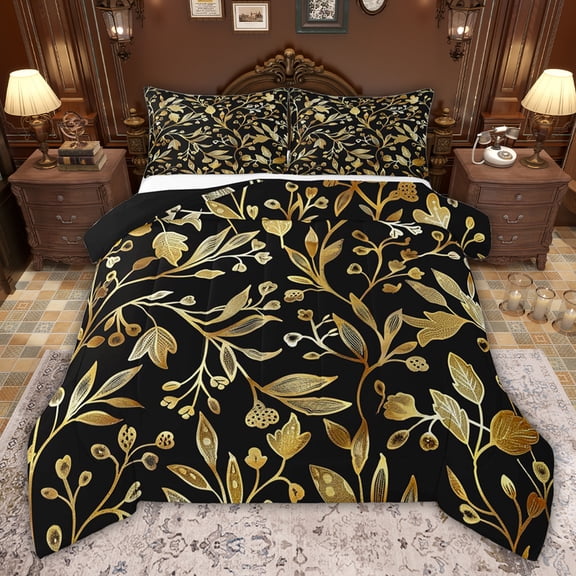 jejeloiu Gold Leaves Twin Comforter Sets,Modern Aesthetic Design Bedding Set For Adults Reversible 2 Pieces