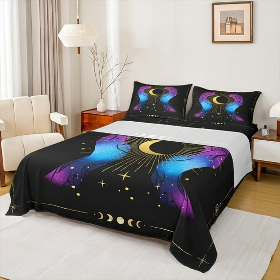 jejeloiu Gold Moon Print Twin Sheet Sets,Boho Exotic Style Twin Fitted Sheet,Colorful Ombre Effect Flat Sheet For Men Women,Breathable Home Decor,3-Piece