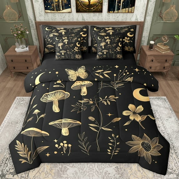 jejeloiu Gold Mushroom Butterfly 7 Pieces Bedding Comforter Set,Boho Exotic Style Full Bedding Set,Rustic Botanical Plants Fitted Sheet Flat Sheet For Men Women,Super Cozy Room Decor Reversible