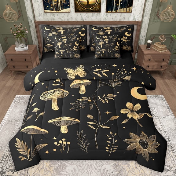 jejeloiu Gold Mushroom Butterfly 7 Pieces Bedding Comforter Set,Boho Exotic Style Full Bedding Set,Rustic Botanical Plants Fitted Sheet Flat Sheet For Men Women,Super Cozy Room Decor Reversible