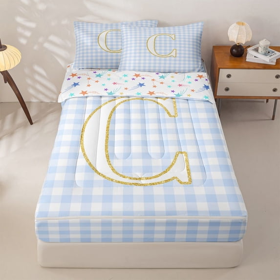 jejeloiu Gold Personalized Monogram C Zipper Twin Comforter Sets with Fitted Sheet and 2 Pillowcases For Kids,Chic Glitter Print Letter Design Zipper Bedding Set,Colorful Stars Reversible,4-Piece