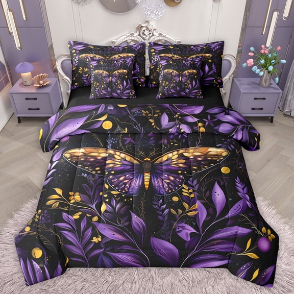 jejeloiu Gold Purple Moth 7-Piece Bedding Comforter Set,Rustic Plants Leaf King Bedding Sets,Modern Aesthetic Art Bed Sheets For Teens,Breathable Home Decor Reversible