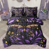 jejeloiu Gold Purple Moth 7-Piece Twin Bedding Sets,Rustic Plants Leaf Bedding Comforter Set,Modern Aesthetic Art Sheet Sets For Teens,Breathable Home Decor Reversible