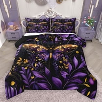 jejeloiu Gold Purple Moth Bedding Comforter Set,Rustic Plants Leaf Twin Comforter Sets,Modern Aesthetic Art Bedding Set For Teens,Breathable Home Decor Reversible,2-Piece