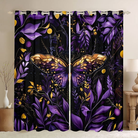 jejeloiu Gold Purple Moth Curtains Pack of 2 (42x84 Each),Rustic Plants Leaf Curtains Blackout,Modern Aesthetic Art Bedroom Curtains For Teens,Breathable Home Decor