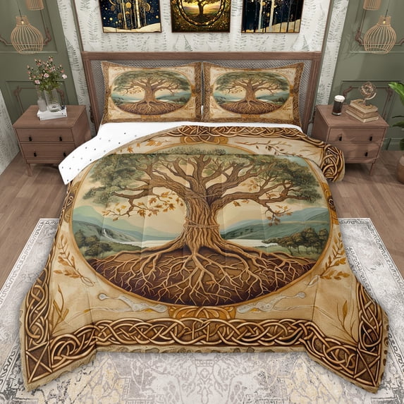jejeloiu Gold Tree Of Life Full Size Comforter Sets,Exotic Boho Bedding Sets For Adults Reversible 3 Pieces