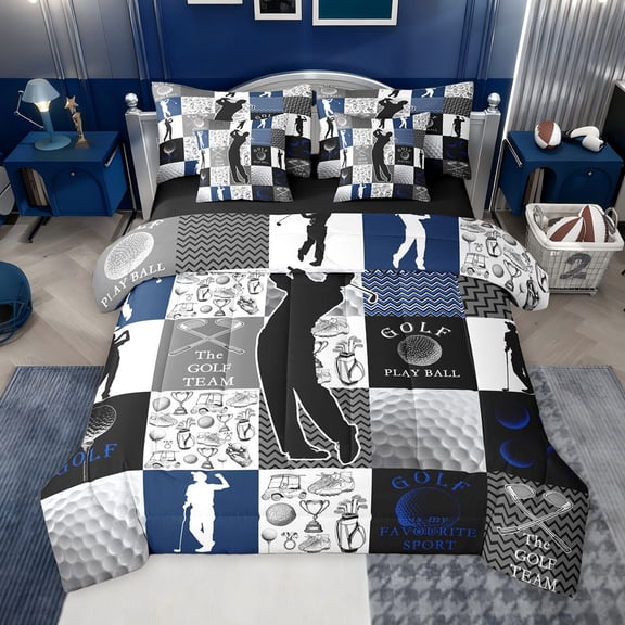 jejeloiu Golf Ball Gamer 7pcs Bedding Comforter Set,Sport Game Queen Bedding Sets For Ball Lovers Reversible