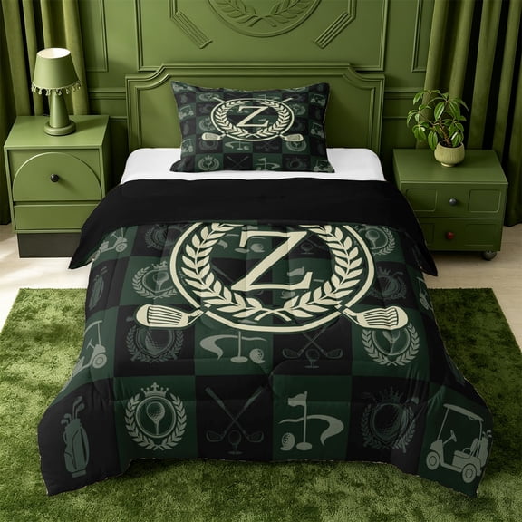jejeloiu Golf Checkered Monogram Z Twin Comforter Sets For Kids,Sport Wreath Initial Bedding Set For Boys,Black Reversible,2 Pieces