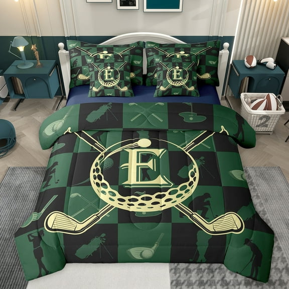 jejeloiu Golf Sport Games 7-Piece Bedding Comforter Set,Boys Ball Gamer King Bedding Sets,First Letter E Bed Sheets For Girls,Super Cozy Room Decor Reversible