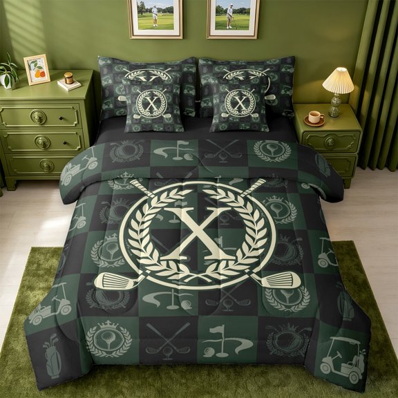 jejeloiu Golf Wreath Monogram X 7-Piece Twin Bedding Sets For Kids,Classic Checkered Letter Design Bedding Comforter Set For Boys,Black Reversible