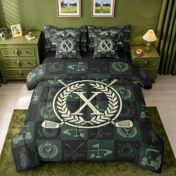 jejeloiu Golf Wreath Monogram X 7-Piece Twin Bedding Sets For Kids,Classic Checkered Letter Design Bedding Comforter Set For Boys,Black Reversible