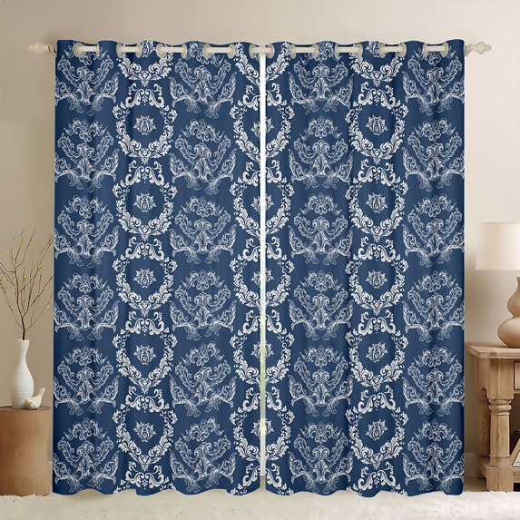 jejeloiu Gothic Damask Curtains Pack of 2 (42x84 Each),Blue Baroque Flower Curtains Blackout For Men Women