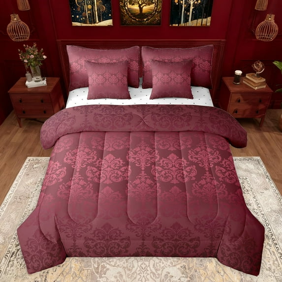 jejeloiu Gothic Damask Floral 7-Piece Twin Bedding Sets,Bohemian Exotic Style Bedding Comforter Set,Red Victorian Baroque Flower Sheet Sets For Adult,Ultra Soft Home Decor Reversible