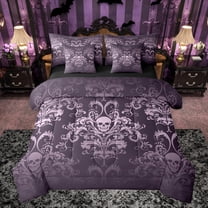 jejeloiu Gothic Damask Floral 7-Piece Twin Bedding Sets,Gothic Skull Bedding Comforter Set,Purple Bohemian Exotic Flowers Sheet Sets For Adult,Ultra Soft Home Decor Reversible
