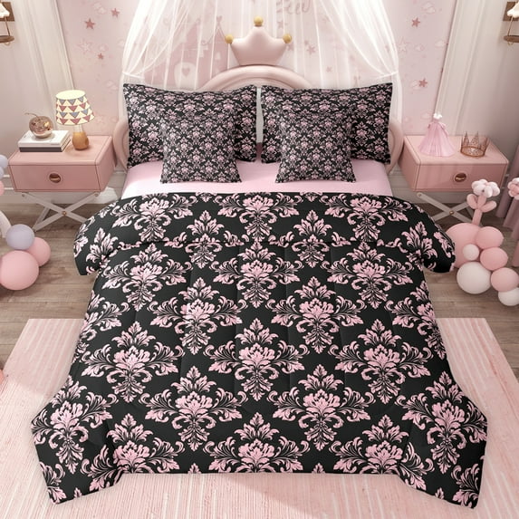 jejeloiu Gothic Damask Floral 7pcs Bedding Comforter Set,Bohemian Exotic Style Queen Bedding Sets,Pink Victorian Baroque Flower Queen Sheet Sets For Adult,Ultra Soft Home Decor Reversible