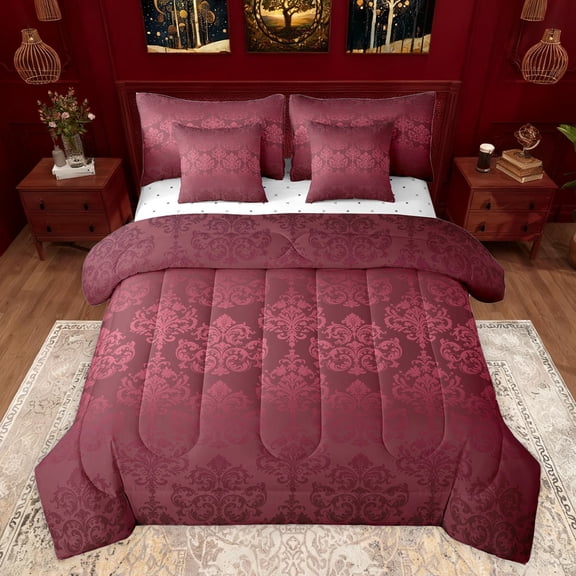 jejeloiu Gothic Damask Floral 7pcs Bedding Comforter Set,Bohemian Exotic Style Queen Bedding Sets,Red Victorian Baroque Flower Queen Sheet Sets For Adult,Ultra Soft Home Decor Reversible