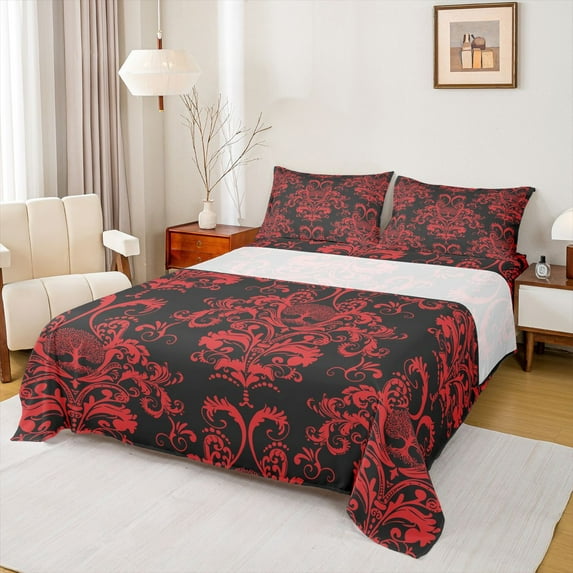 jejeloiu Gothic Damask Floral Bed Sheets,Tree Of Life King Sheets,Red Baroque Flower Sheet Set For Adult,Ultra Soft Home Decor,4 Pieces