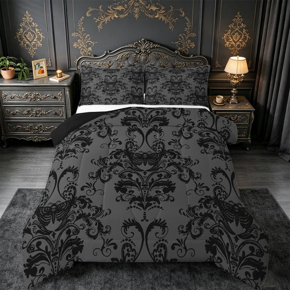 jejeloiu Gothic Damask Floral Bedding Comforter Set,Bohemian Moth Twin Comforter Sets,Black Victorian Baroque Bedding Set For Adult,Ultra Soft Home Decor Reversible,2-Piece