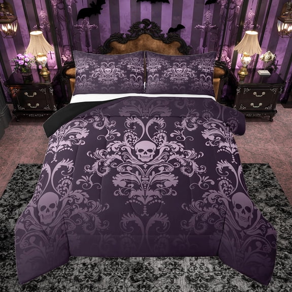 jejeloiu Gothic Damask Floral Bedding Comforter Set,Gothic Skull Twin Comforter Sets,Purple Bohemian Exotic Flowers Bedding Set For Adult,Ultra Soft Home Decor Reversible,2-Piece