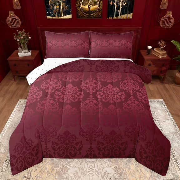 jejeloiu Gothic Damask Floral Queen Comforter Set,Bohemian Exotic Style Bedding Sets,Red Victorian Baroque Flower Bedding Comforter Set For Adult,Ultra Soft Home Decor Reversible,3 Pieces