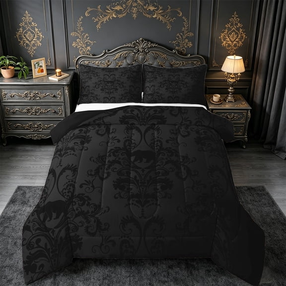 jejeloiu Gothic Damask Floral Queen Comforter Set,Bohemian Exotic Style Bedding Sets,Wild Animal Bear Bedding Comforter Set For Adult,Ultra Soft Home Decor Reversible,3 Pieces
