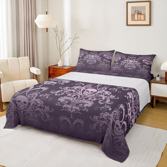 jejeloiu Gothic Damask Floral Twin Sheet Set (3-Piece) Skull Purple Boho Exotic Ultra Soft Decor