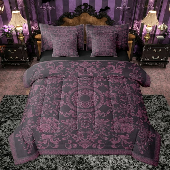 jejeloiu Gothic Damask Pattern 7-Piece Twin Bedding Sets,Victorian Baroque Bedding Comforter Set,Pink Black Sheet Sets For Adults,Breathable Home Decor Reversible