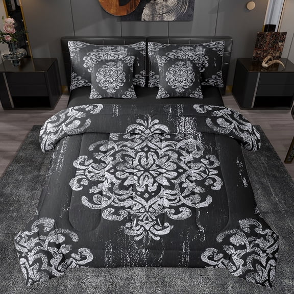 jejeloiu Gothic Damask Pattern 7-Piece Twin Bedding Sets,Victorian Baroque Bedding Comforter Set,White Black Sheet Sets For Adults,Breathable Home Decor Reversible