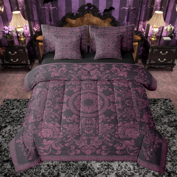 jejeloiu Gothic Damask Pattern 7pcs Bedding Comforter Set,Victorian Baroque Queen Bedding Sets,Pink Black Queen Sheet Sets For Adults,Breathable Home Decor Reversible