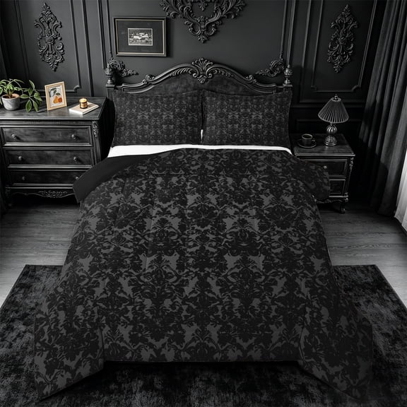 jejeloiu Gothic Damask Queen Comforter Set,Dark Print Comforter Sets Queen For Adults,Black Gray,Black Reversible,3-Piece,1 Comforter and 2 Pillowcases