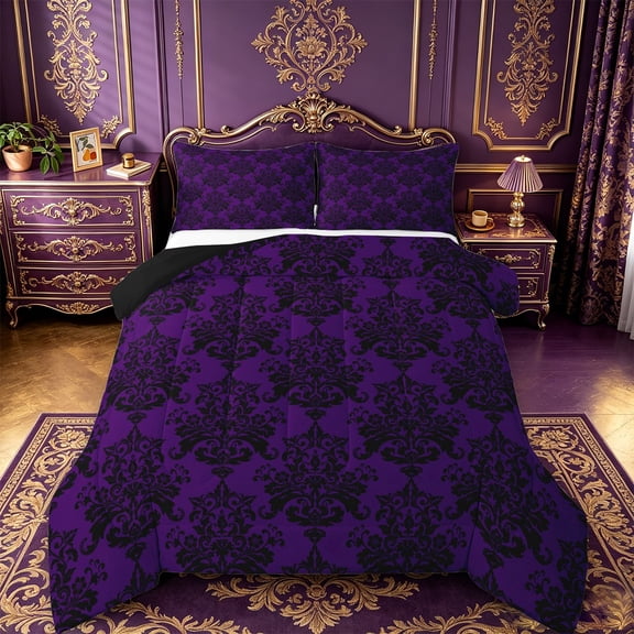 jejeloiu Gothic Damask Queen Comforter Set,Dark Retro Comforter Sets Queen For Adults,Black Purple,Black Reversible,3 Pieces,1 Comforter and 2 Pillowcases