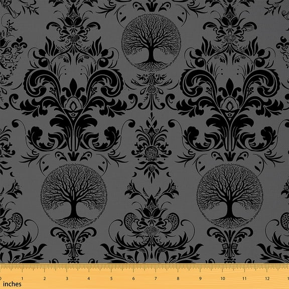 jejeloiu Gothic Flower Fabric by the Yard 1 Yard,Gray Damask Print Home Decor Fabric by the Yard,Tree Of Life Sewing Fabric For Men Women,Microfiber Bedroom Decor