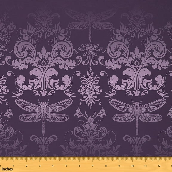 jejeloiu Gothic Flower Fabric by the Yard 2 Yards,Purple Damask Print Room Decor Fabric by the Yard,Rustic Dragonfly Fabric for Sewing For Men Women,Microfiber Bedroom Decor