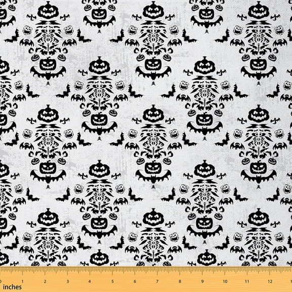 jejeloiu Gothic Flower Fabric by the Yard 3 Yards,Spooky Pumpkin Bats Sewing Fabric,White Black Damask Fabric for Sewing For Girld Teens,Breathable Home Decor