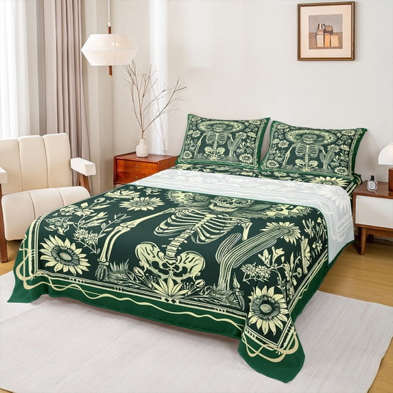 jejeloiu Gothic Halloween Skeleton Tropical Cactus Colorful Rustic Flower Full Sheet Set,Luxury Children Bedding,4pcs