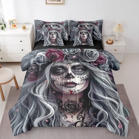 jejeloiu Gothic Horror Art Bedding Comforter Set 7-Piece,Dark Aesthetic King Bedding Sets,Spooky Halloween Bed Sheets For Girls Boys,Luxury Bedroom Decor Reversible